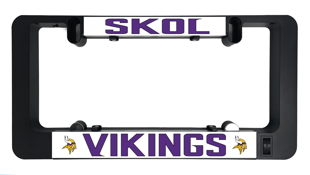 LumiSign license plate frame with Vikings insert and SKOL header, black frame