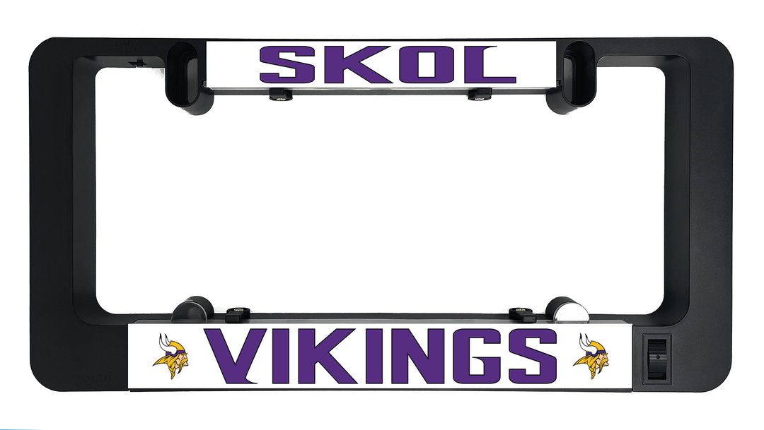 LumiSign license plate frame with Vikings insert and SKOL header, black frame