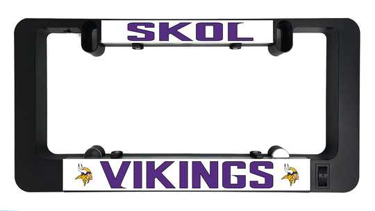 LumiSign license plate frame with Vikings insert and SKOL header, black frame