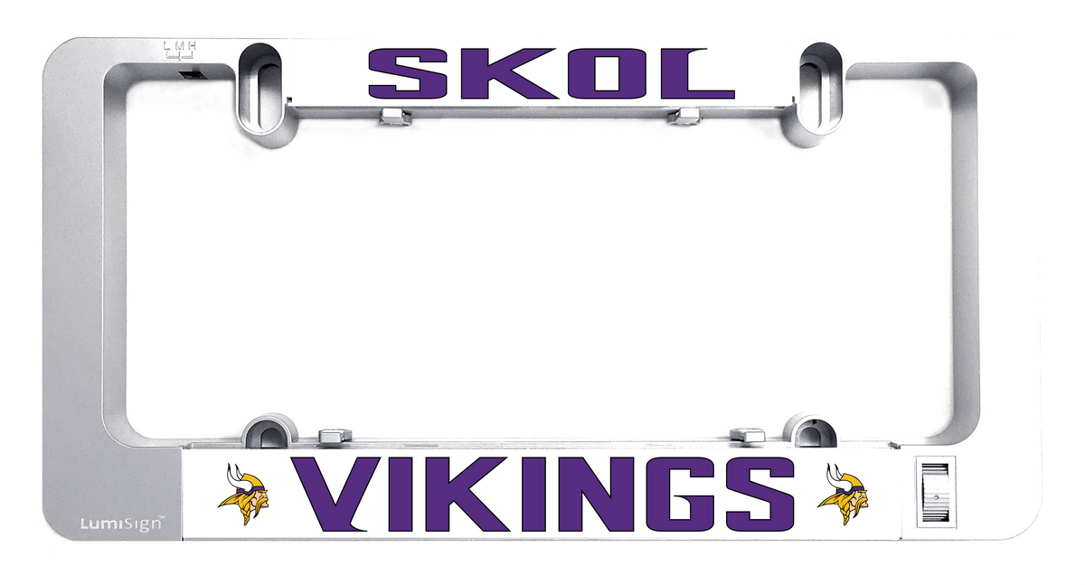 LumiSign Vikings insert with purple VIKINGS text and small shield icons, on white backing