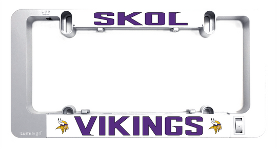 LumiSign Vikings insert with purple VIKINGS text and small shield icons, on white backing