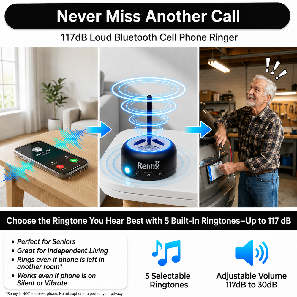 Black RENNY Bluetooth cell phone ringer with illuminated blue ring and antenna