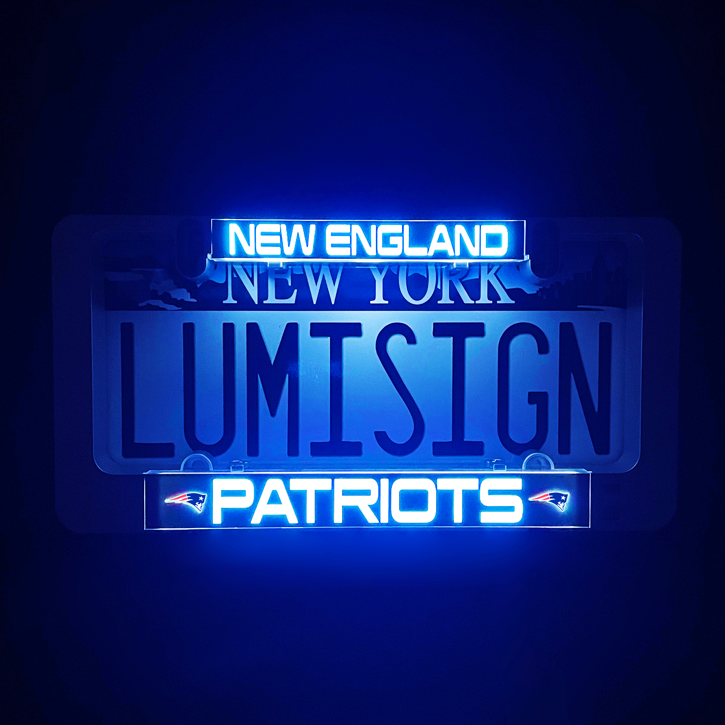 LUMISIGN Patriots illuminated license plate insert with New England header