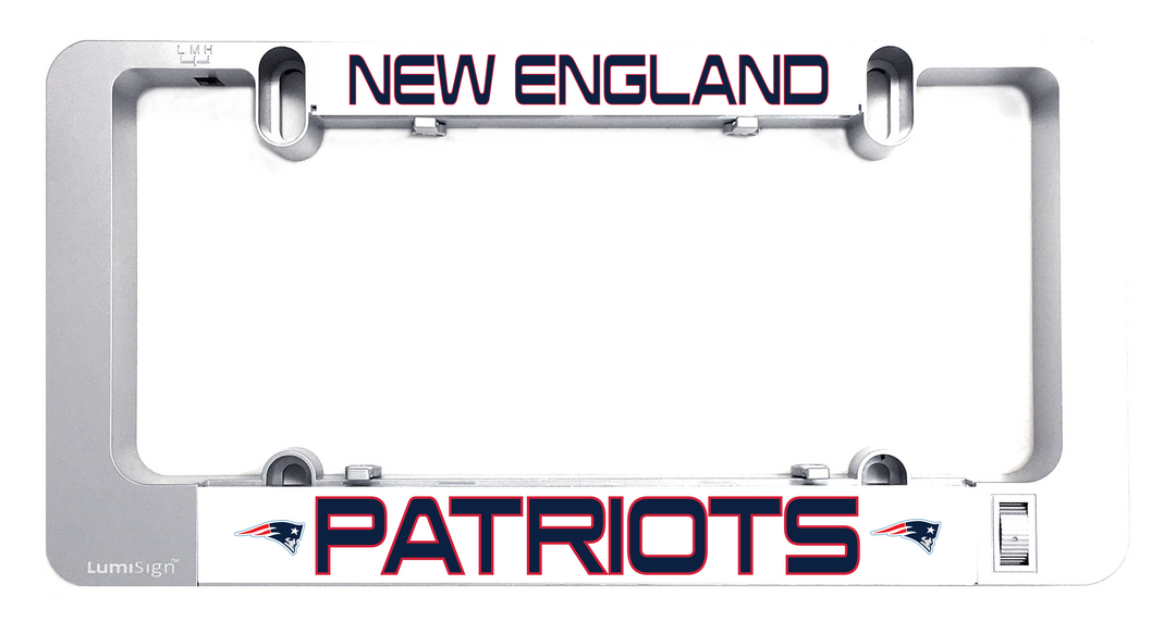 Grey LUMISIGN license plate frame with Patriots insert and mounting clips