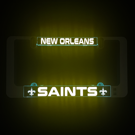LumiSign license plate insert with New Orleans Saints logo and green glow