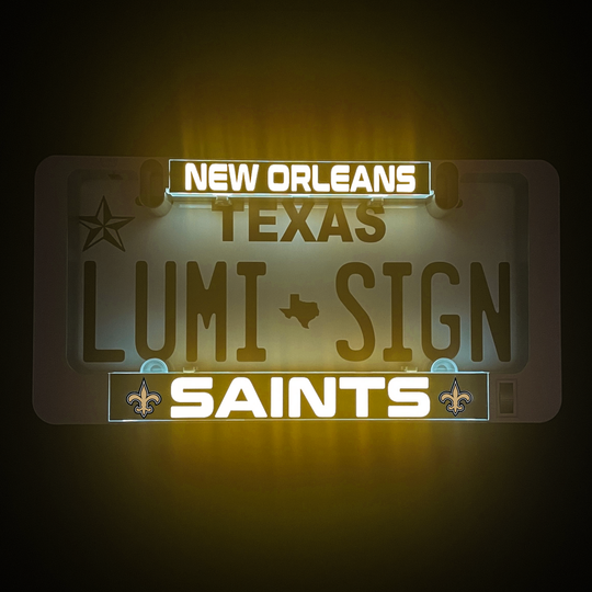 LumiSign license plate insert with New Orleans Saints logo and LUMI SIGN text