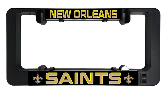 Black LumiSign frame with New Orleans Saints illuminated license plate insert