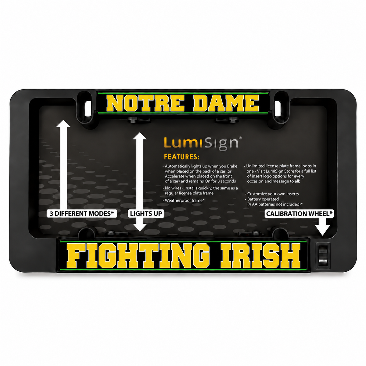Black LumiSign license plate frame with Notre Dame Fighting Irish illuminated insert