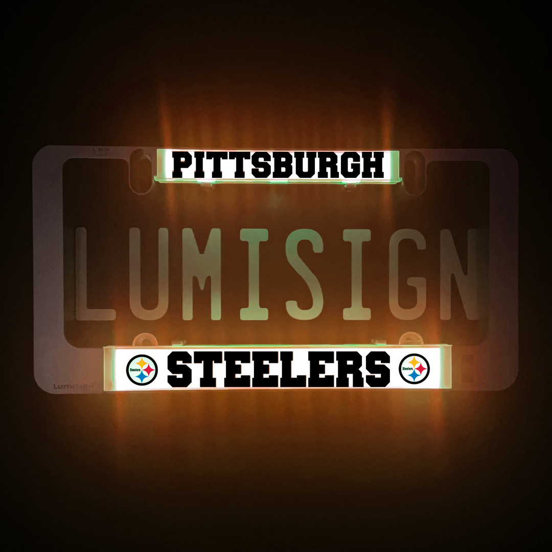 LumiSign frame inserts with Pittsburgh and Steelers logo in green and gold light