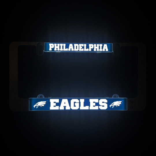 LumiSign frame with Philadelphia and Eagles illuminated inserts, blue glow over teal panels