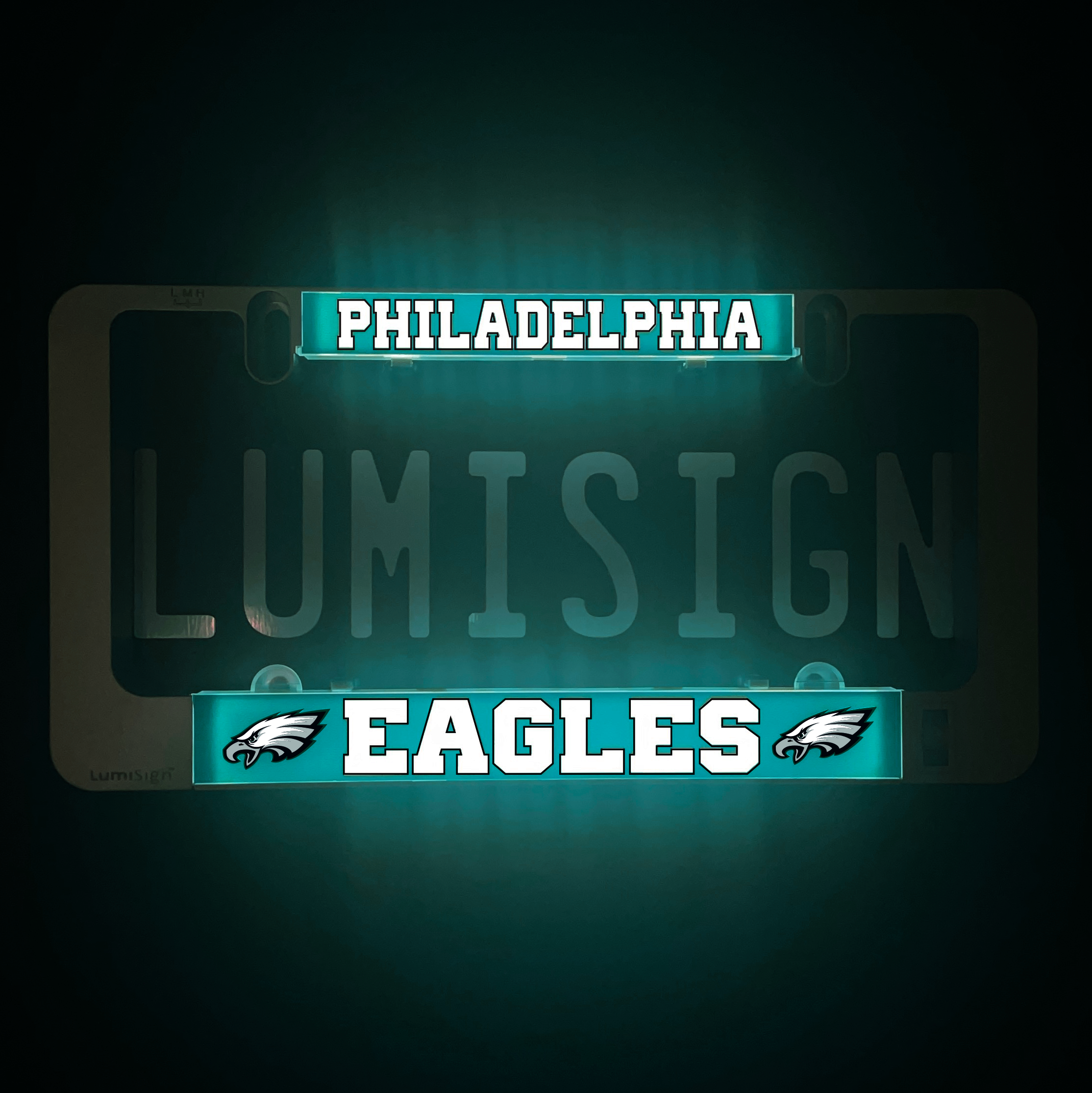 LumiSign frame with Philadelphia Eagles inserts, blue glow and teal license-plate panel