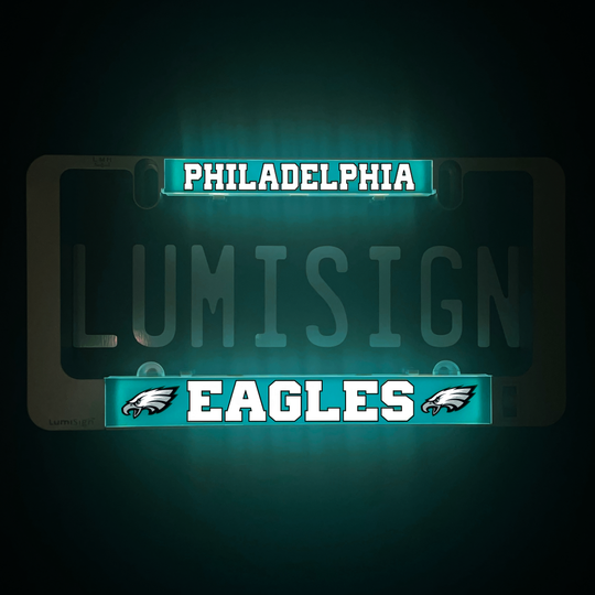 LumiSign frame with Philadelphia Eagles inserts, blue glow and teal license-plate panel