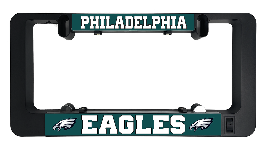 LumiSign frame with Philadelphia top and Eagles bottom inserts, teal illuminated panels
