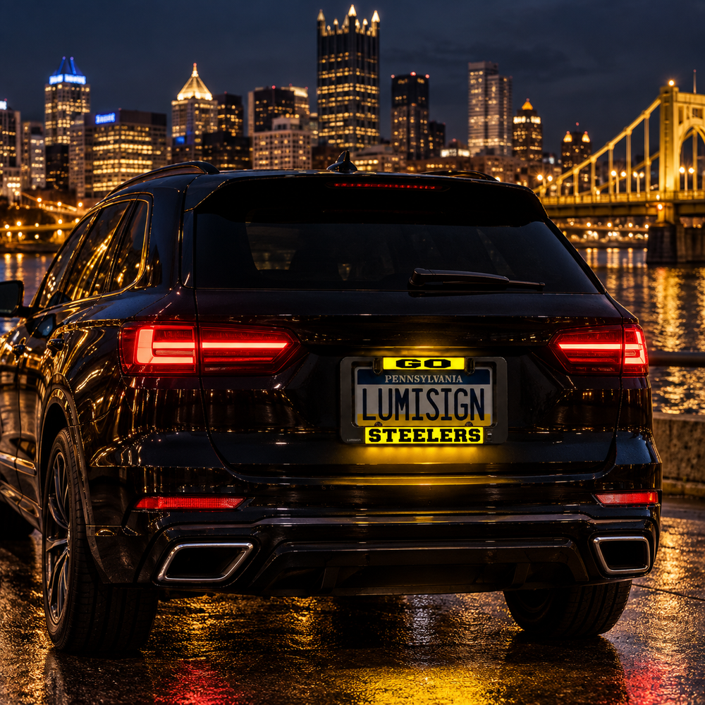 Illuminated Steelers Lumisign license plate frame mounted on car rear