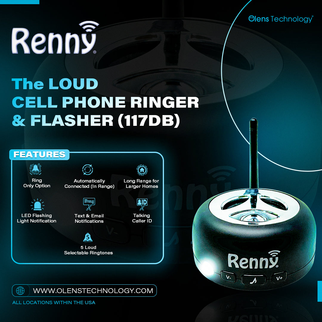 Loud cell phone ringer with antenna and speaker dial, shown with product features