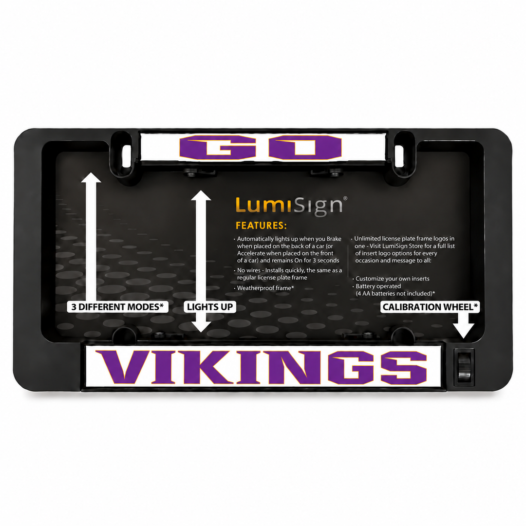 Black LUMISIGN license frame package with VIKINGS badge and feature icons