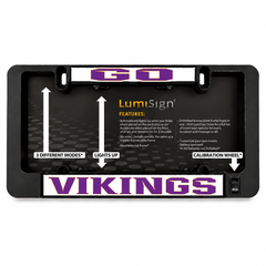 Black LUMISIGN license frame package with VIKINGS badge and feature icons