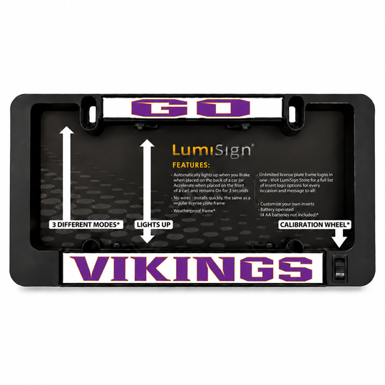 Black LUMISIGN license frame package with VIKINGS badge and feature icons