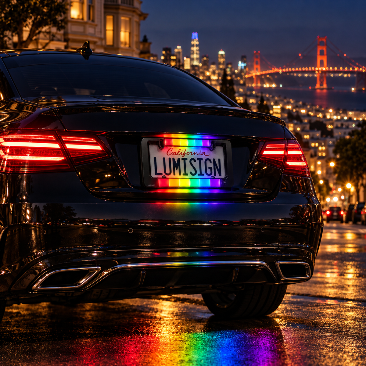 Rainbow LED license plate frame with black surround, lit color bar on car rear
