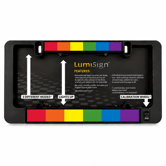 LumiSign LED license plate frame back panel, modes shown with rainbow color strips