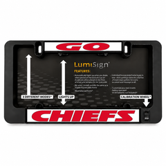 Black license plate frame insert with LumiSign features panel and red CHIEFS sign