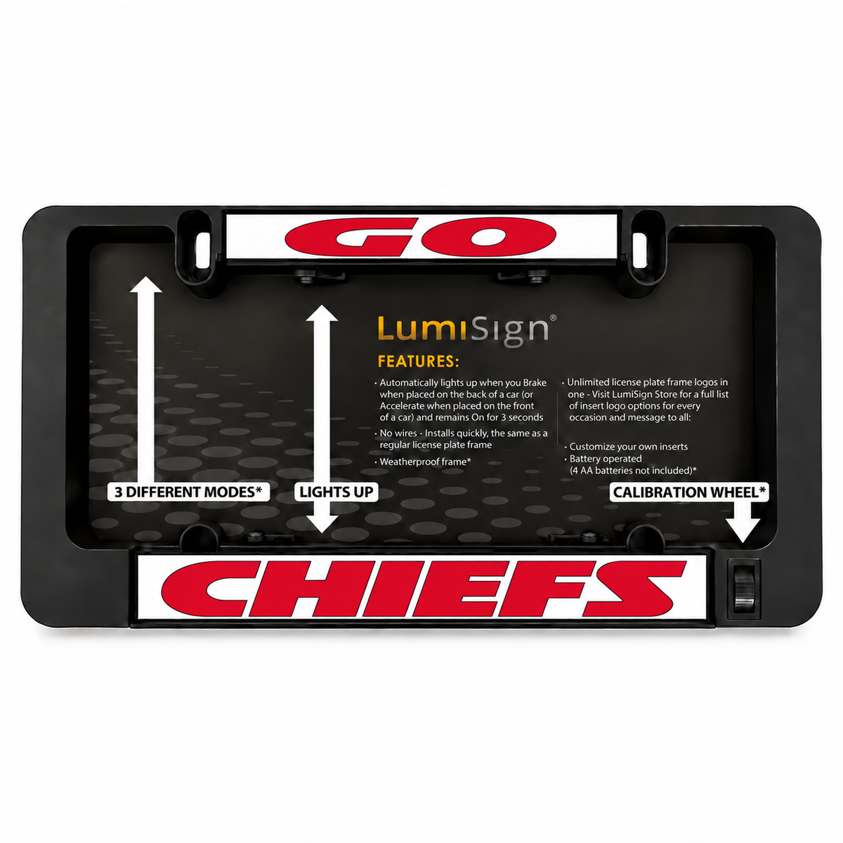 Black license plate frame insert with LumiSign features panel and red CHIEFS sign