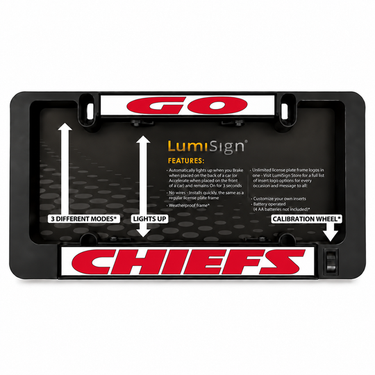 Black license plate frame insert with LumiSign features panel and red CHIEFS sign