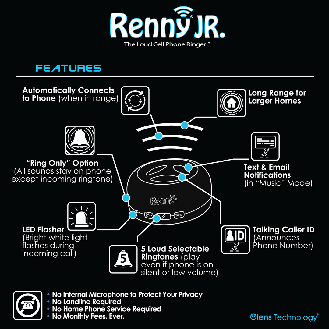 Loud cell phone ringer features infographic with Renny Jr branding and icons