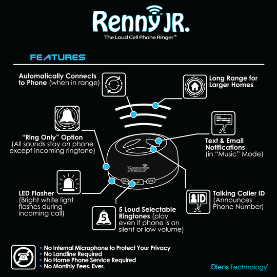 Loud cell phone ringer features infographic with Renny Jr branding and icons