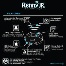 Load image into Gallery viewer, RENNY JR - The Loud Cell Phone Ringer, Amplifier &amp; Flasher for The Hearing Impaired (117dB) | Auto-Connects Wirelessly via Bluetooth | External Built-In Ringtones | Text &amp; Email Notifications | Talking Caller ID (NEW 2024 MODEL)
