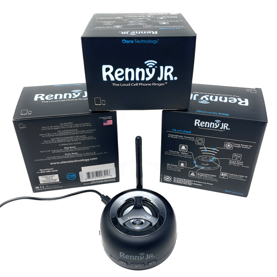 Loud cell phone ringer base with built-in speaker, antenna, and included boxes