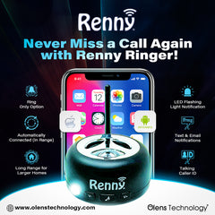 Renny Jr loud cell phone ringer promotional graphic with glowing device and phone icons
