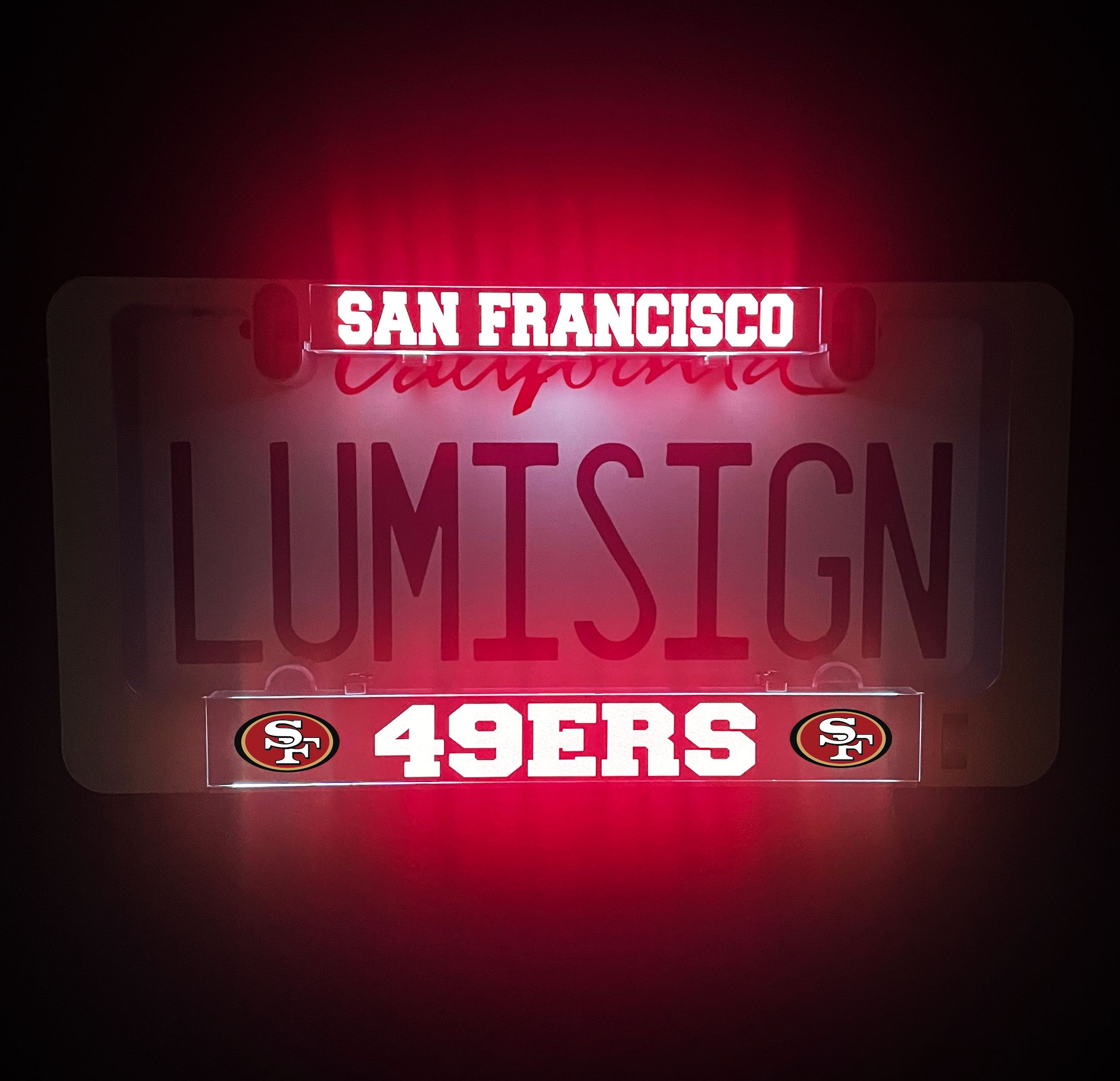 Black LUMISIGN frame with illuminated SAN FRANCISCO 49ERS text and logos