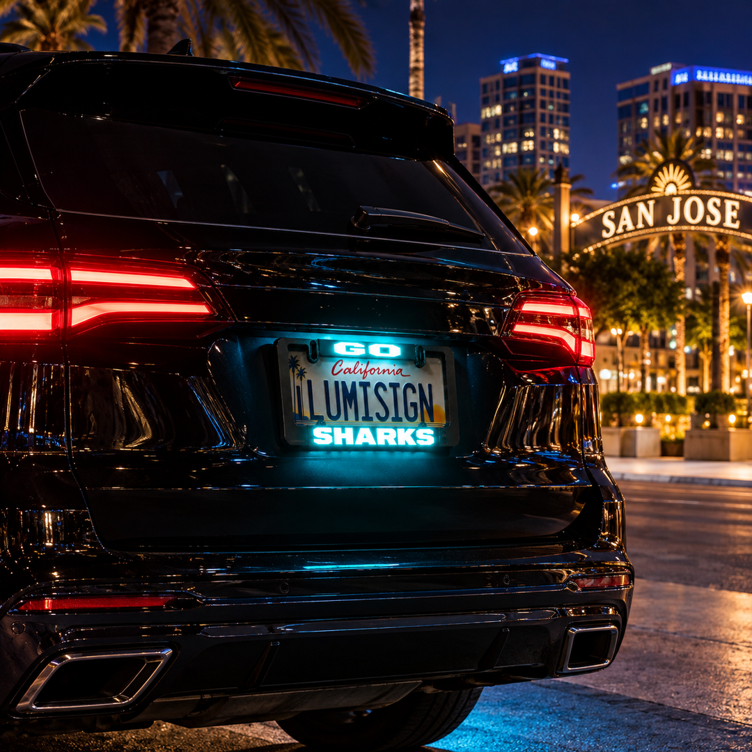 Car rear with illuminated LUMISIGN California SHARKS license plate frame