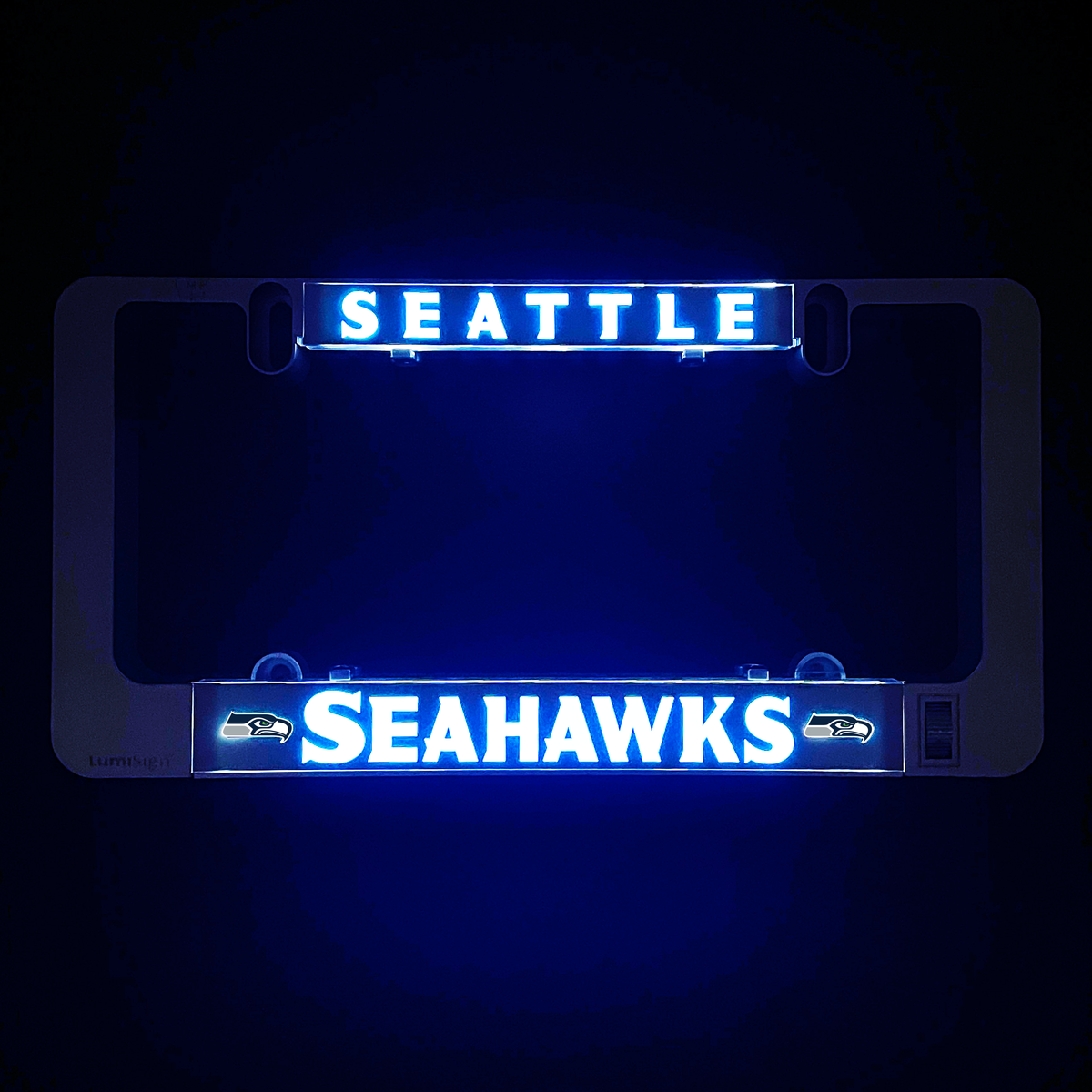 Illuminated LumiSign Seahawks insert with “SEATTLE” and Seahawks logo