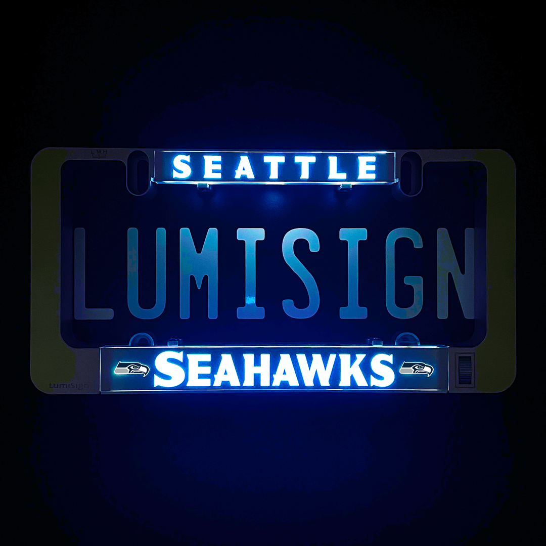 LumiSign license plate frame with Seattle Seahawks lighted insert, blue glow