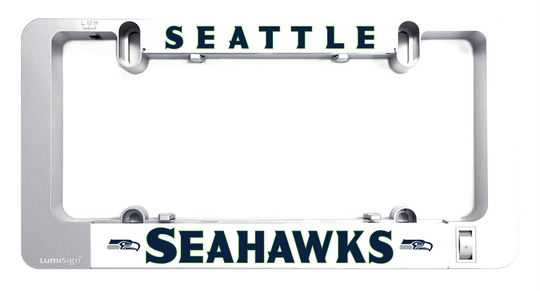 Grey LumiSign license plate frame with Seattle Seahawks illuminated insert strip