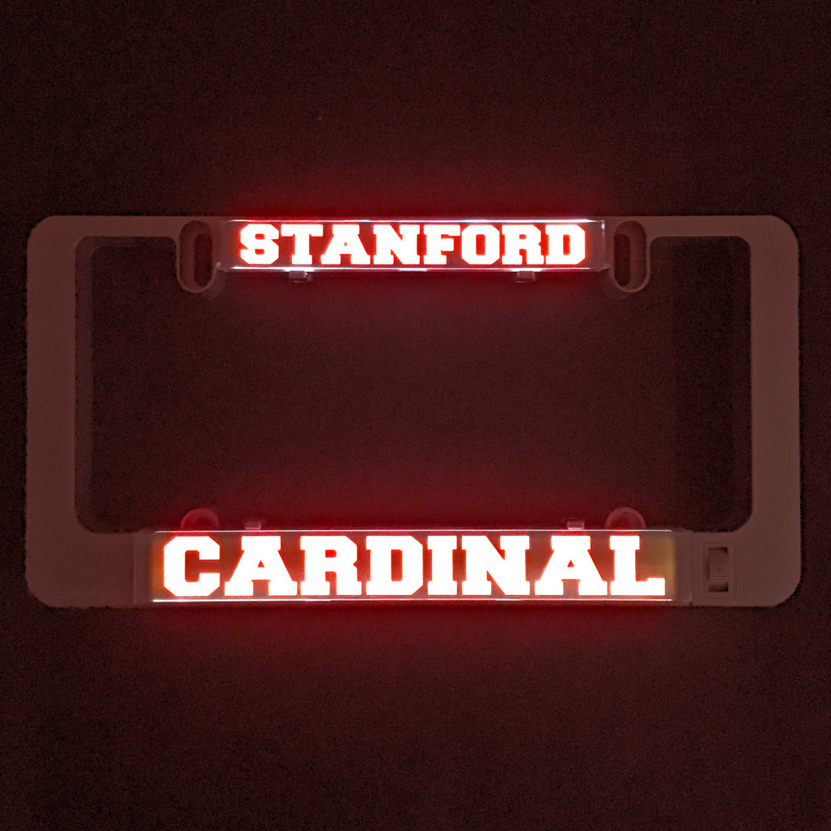 Illuminated Cardinal insert with red STANFORD and CARDINAL text in a dark frame