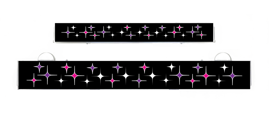 Star-pattern LumiSign insert strips on black with pink and blue sparkle icons