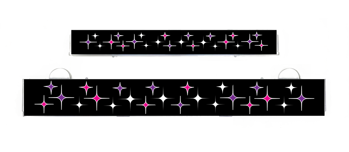 Star-pattern LumiSign insert strips on black with pink and blue sparkle icons