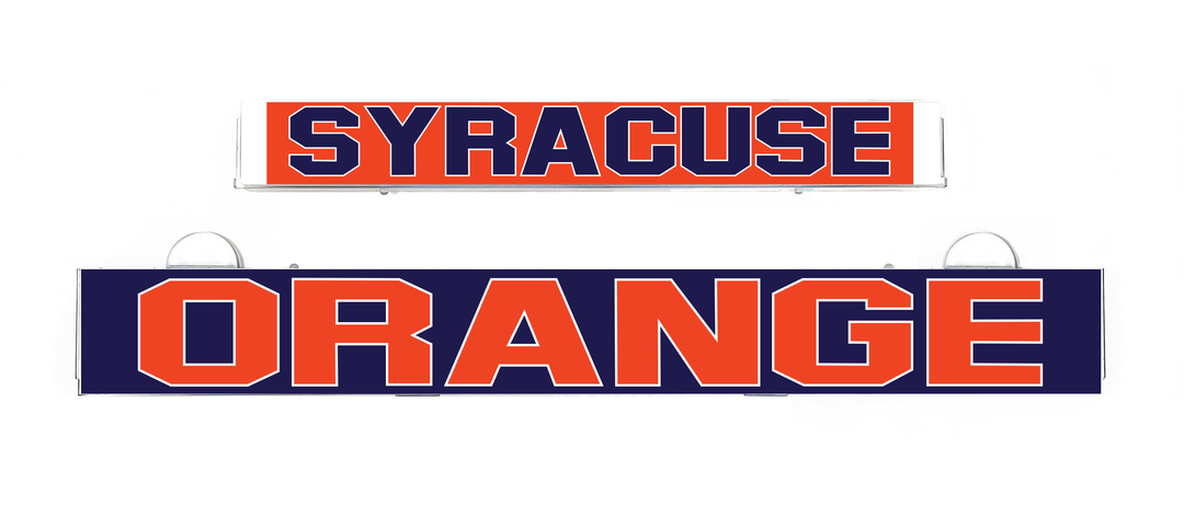 Orange school light insert with Syracuse logo lettering on a navy panel