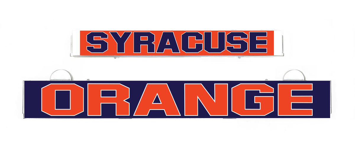 Orange school light insert with Syracuse logo lettering on a navy panel