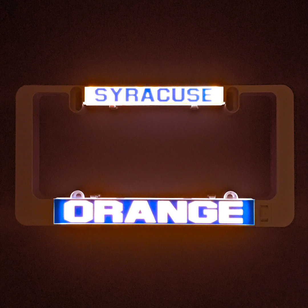 Backlit orange insert reading Syracuse and Orange with blue border