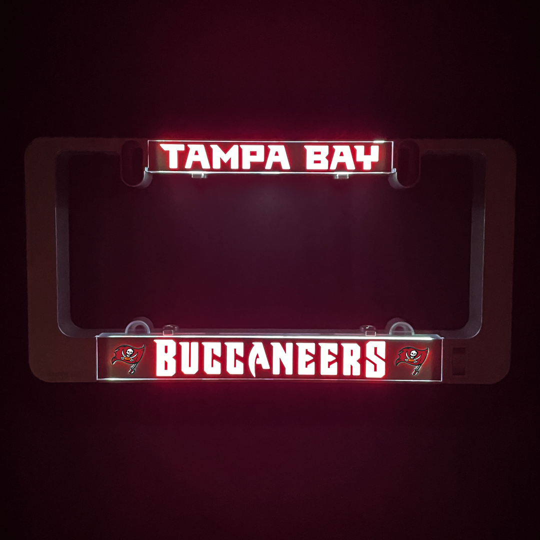 LumiSign illuminated license plate frame with Tampa Bay Buccaneers insert, red LED lights