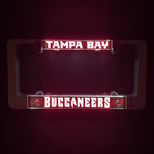 LumiSign illuminated license plate frame with Tampa Bay Buccaneers insert, red LED lights