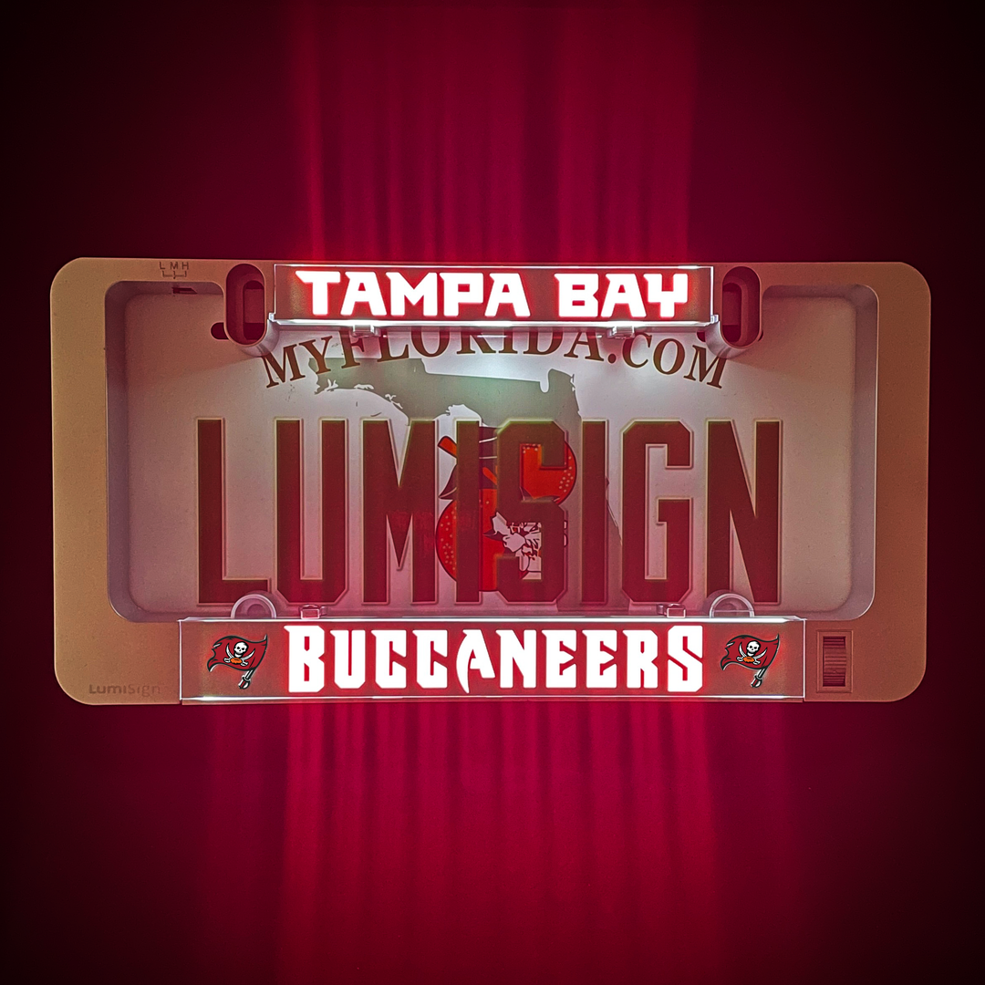 LumiSign illuminated license plate frame with Tampa Bay Buccaneers insert, red LED glow