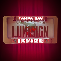 LumiSign illuminated license plate frame with Tampa Bay Buccaneers insert, red LED glow
