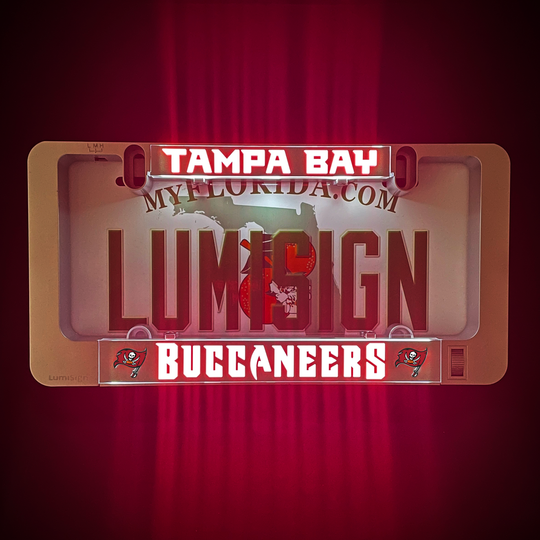 LumiSign illuminated license plate frame with Tampa Bay Buccaneers insert, red LED glow
