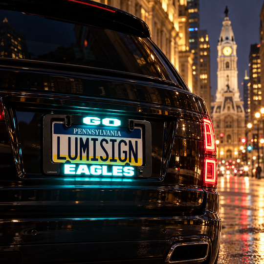 Black license plate frame with glowing LUMISIGN Eagles insert