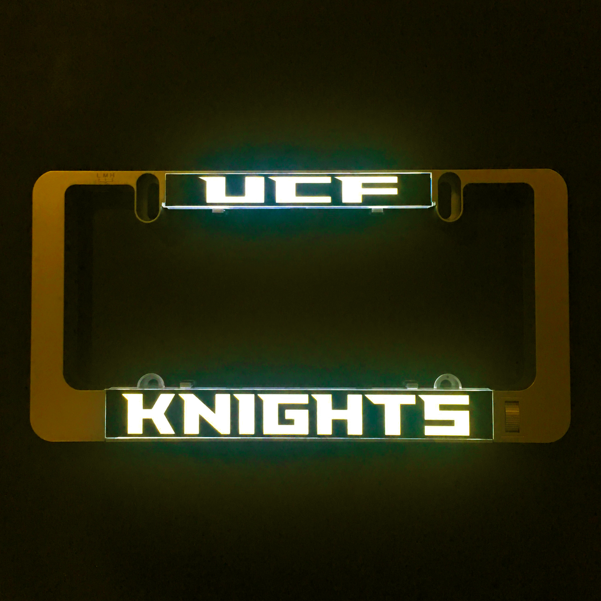LumiSign UCF Knights insert with glowing gold logos on dark holder